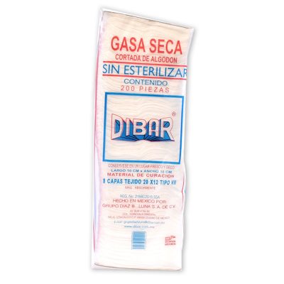 Gasa No Estéril 10 cm x 10 cm / Tejido 20x12 /8 Capas/ Cada 200 piezas
