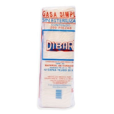 Gasa No Estéril 10 cm x 10 cm / Tejido 20x12 /12 Capas/ Cada 200 piezas